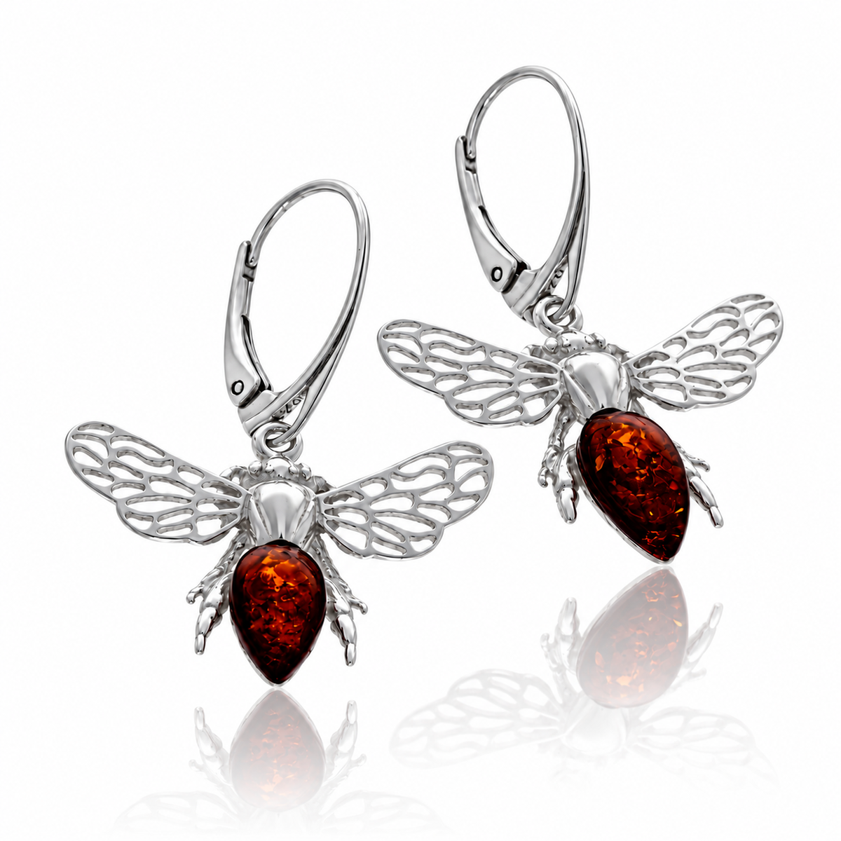 925 Sterling Silver & Genuine Baltic Amber Amber Bee Drop Earrings with Openwork Silver Wings - AB014