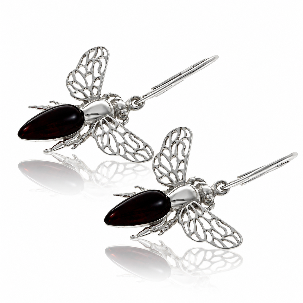 925 Sterling Silver & Genuine Baltic Amber Amber Bee Drop Earrings with Openwork Silver Wings - AB014