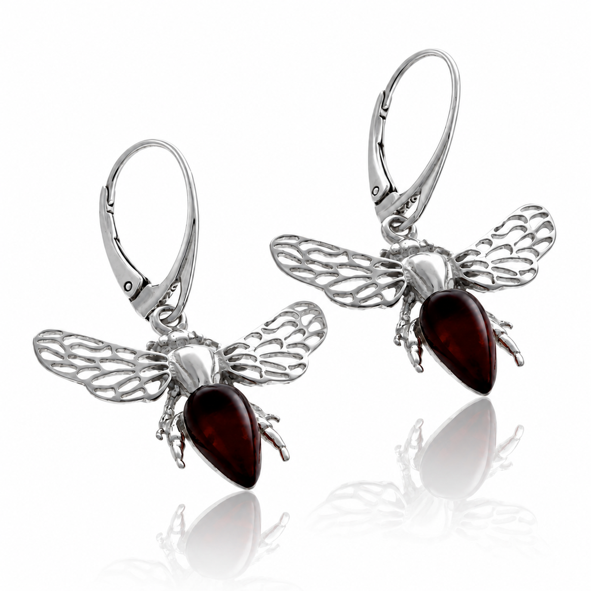 925 Sterling Silver & Genuine Baltic Amber Amber Bee Drop Earrings with Openwork Silver Wings - AB014