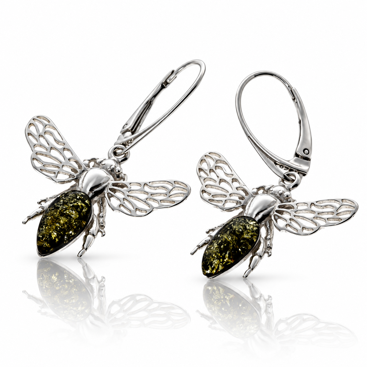 925 Sterling Silver & Genuine Baltic Amber Amber Bee Drop Earrings with Openwork Silver Wings - AB014