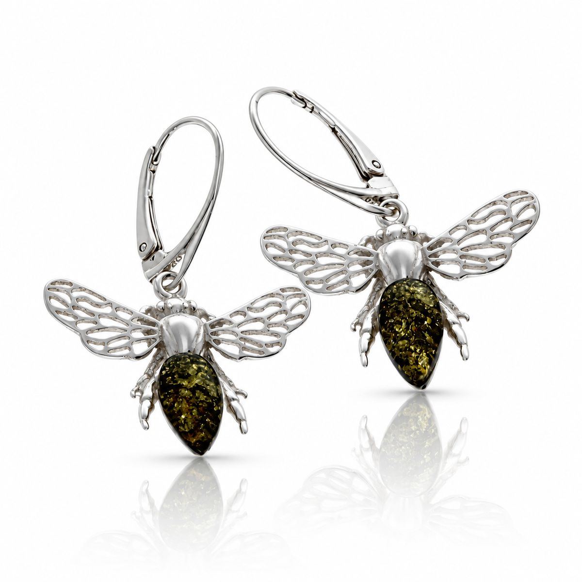 925 Sterling Silver & Genuine Baltic Amber Amber Bee Drop Earrings with Openwork Silver Wings - AB014