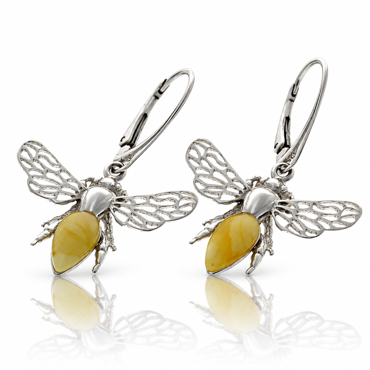 925 Sterling Silver & Genuine Baltic Amber Amber Bee Drop Earrings with Openwork Silver Wings - AB014