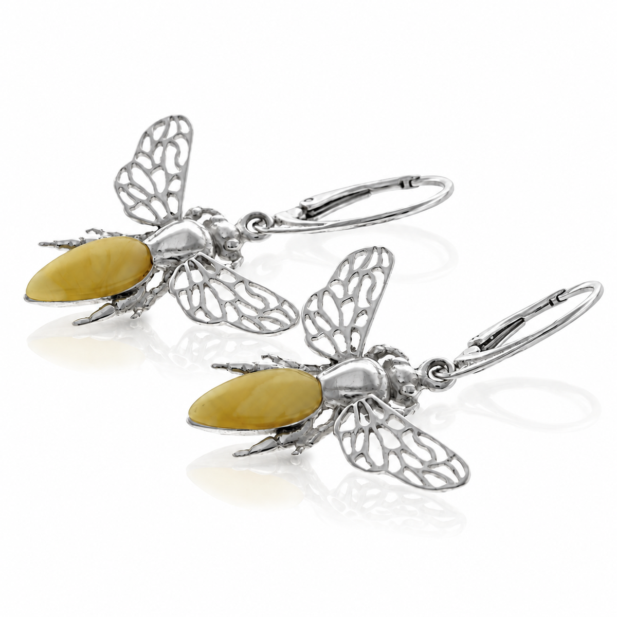 925 Sterling Silver & Genuine Baltic Amber Amber Bee Drop Earrings with Openwork Silver Wings - AB014