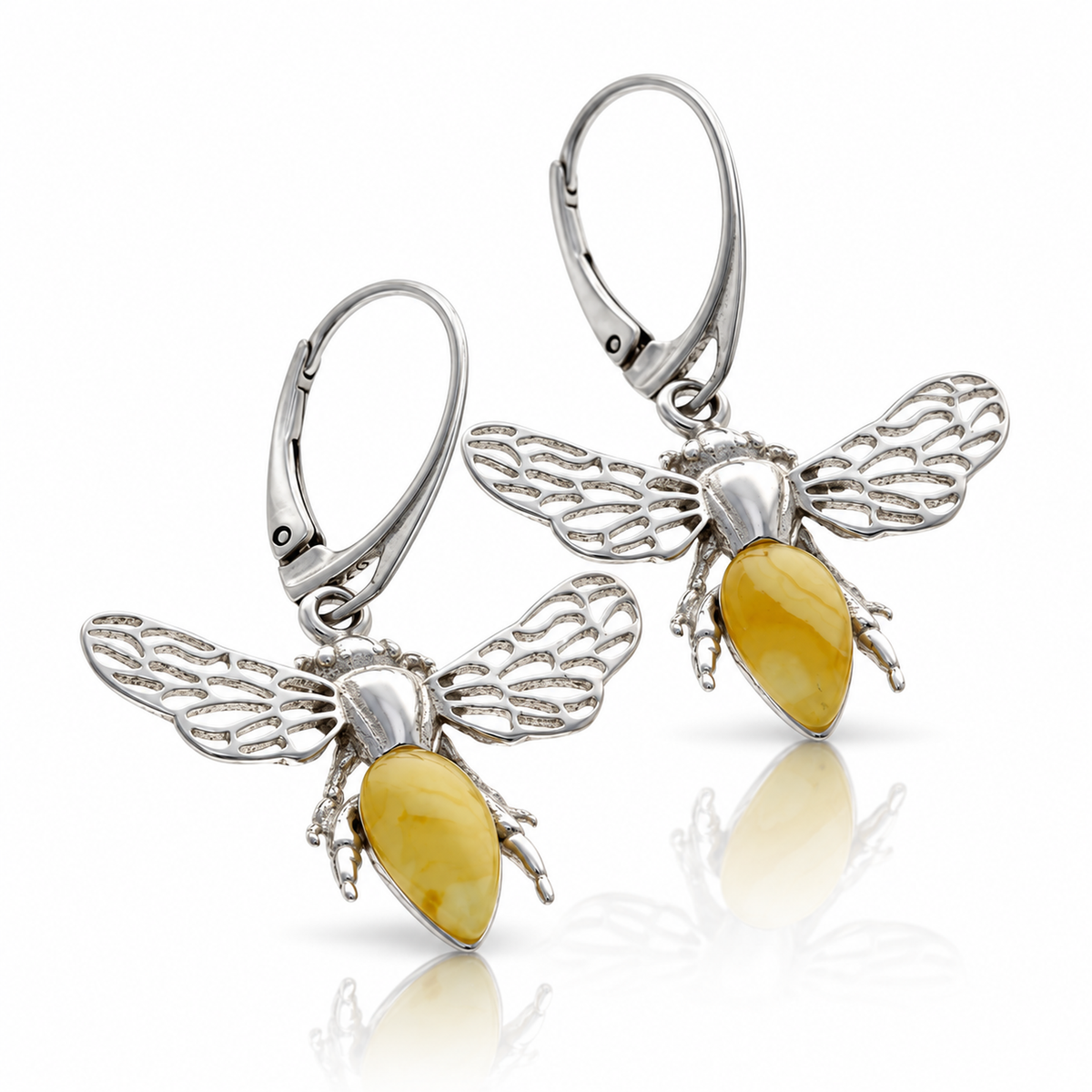 925 Sterling Silver & Genuine Baltic Amber Amber Bee Drop Earrings with Openwork Silver Wings - AB014