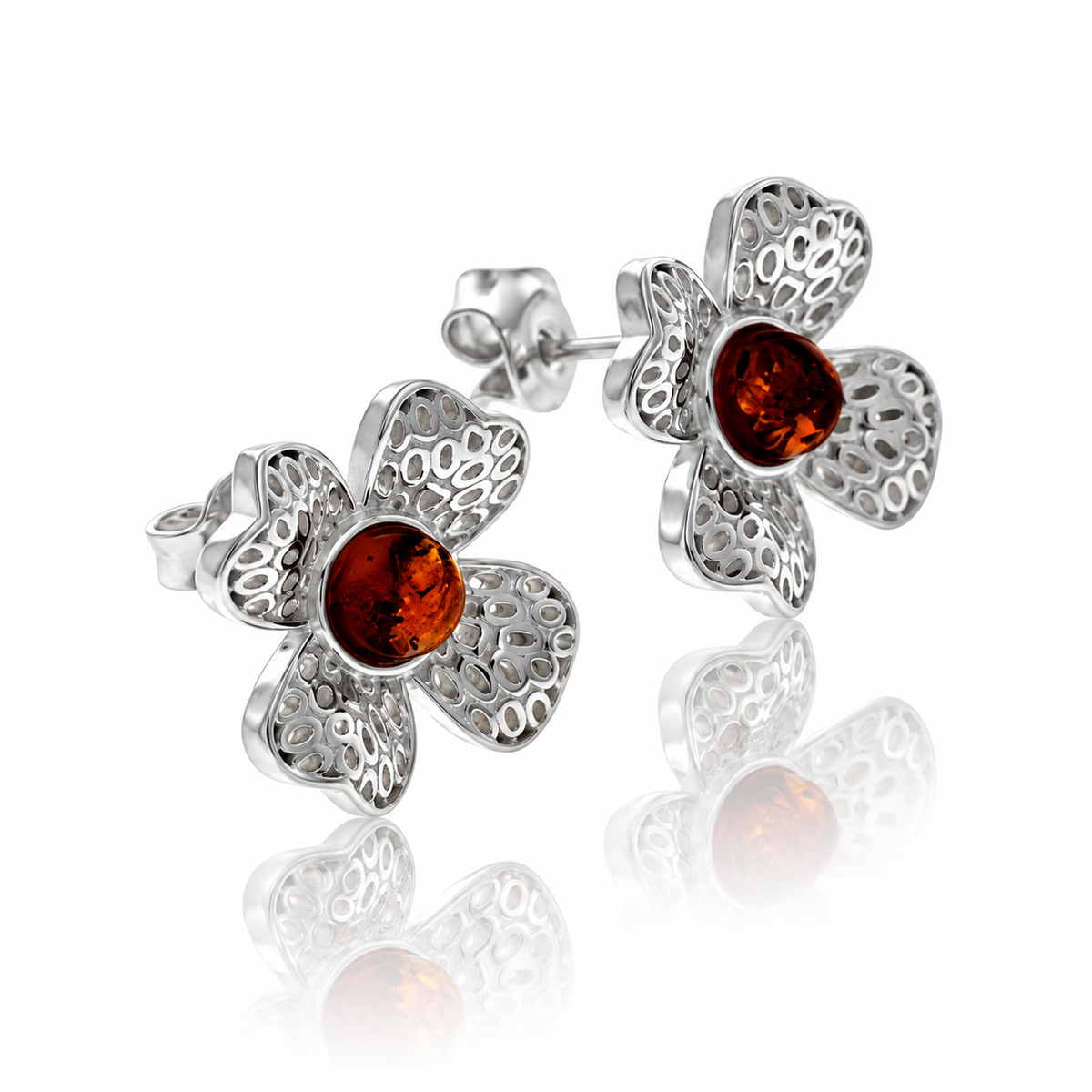 925 Sterling Silver & Genuine Baltic Amber Clover Stud Earrings - AB015