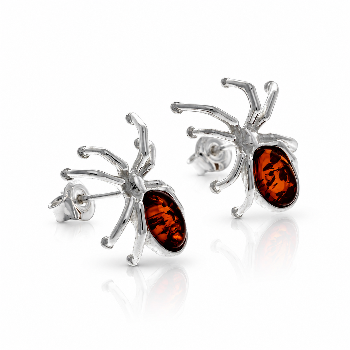 925 Sterling Silver & Genuine Baltic Amber Spider Studs Earrings - AB016