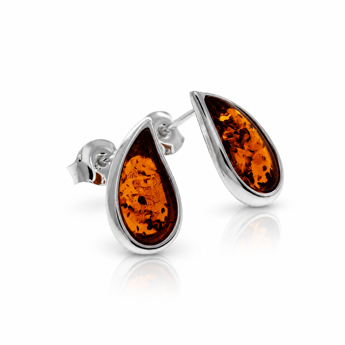 925 Sterling Silver & Genuine Baltic Amber Teardrop Studs Earrings - AB017