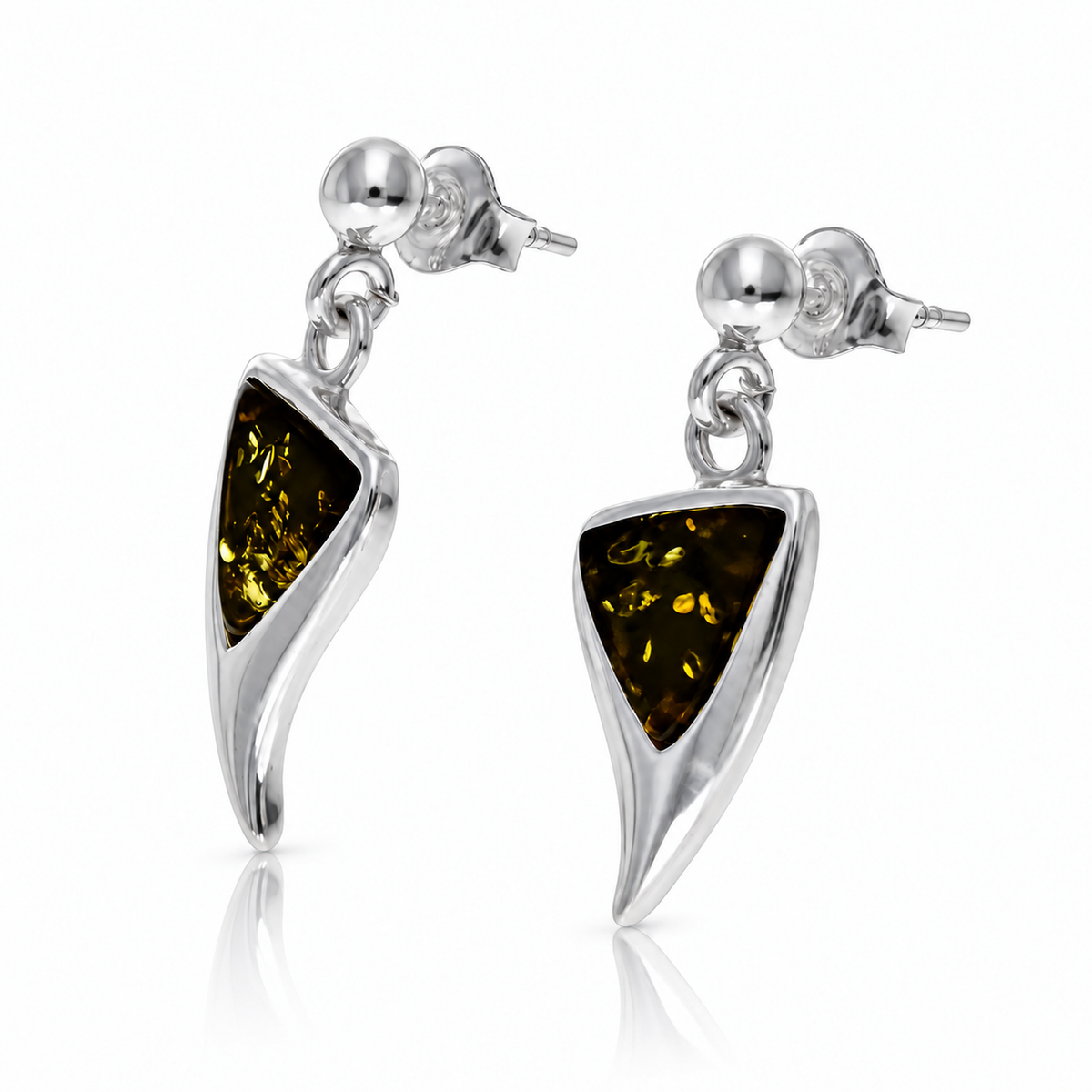 925 Sterling Silver & Genuine Baltic Amber Triangle Drop Earrings - AB018D