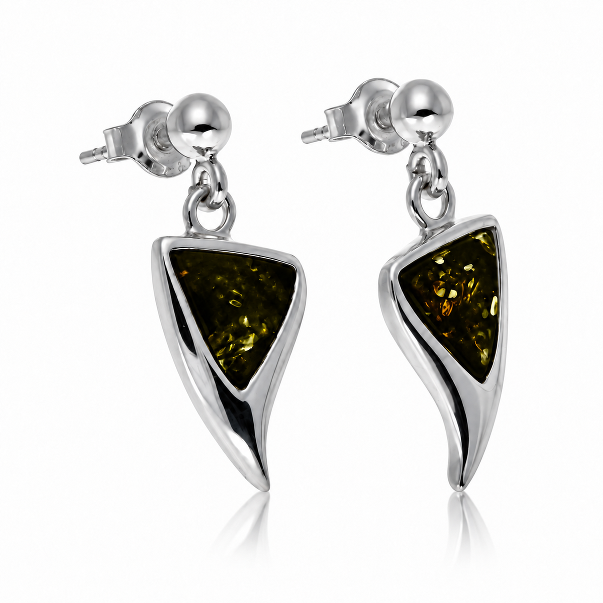 925 Sterling Silver & Genuine Baltic Amber Triangle Drop Earrings - AB018D