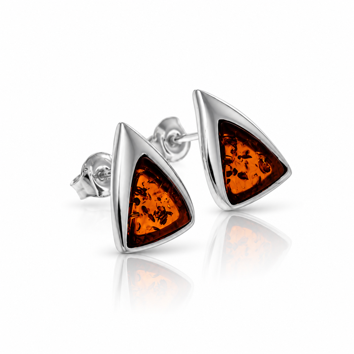 925 Sterling Silver & Genuine Baltic Amber Triangle Studs Drop Earrings - AB018S
