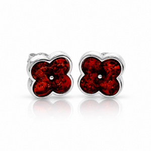 925 Sterling Silver & Genuine Baltic Amber Clover Stud Earrings - AB019