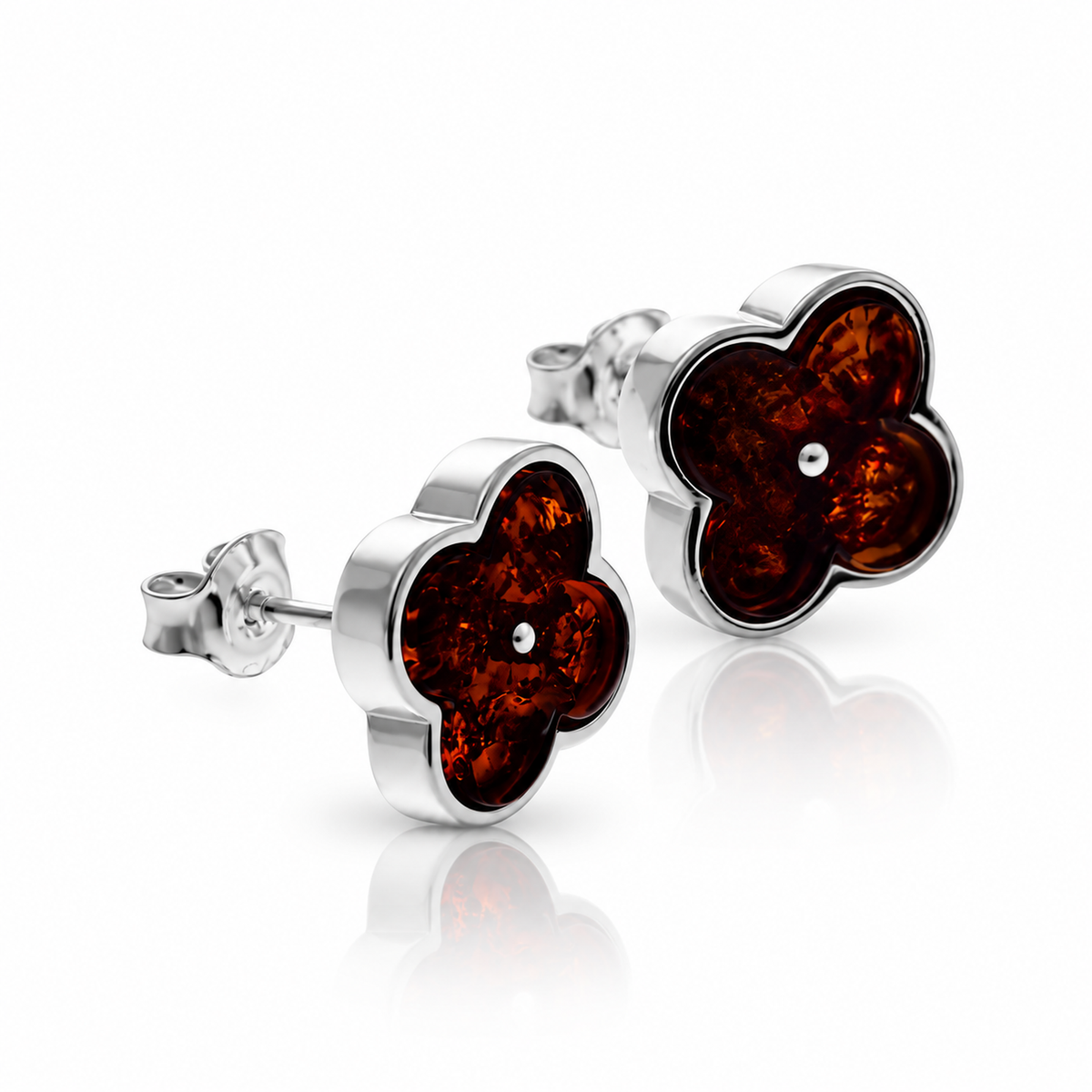 925 Sterling Silver & Genuine Baltic Amber Clover Stud Earrings - AB019