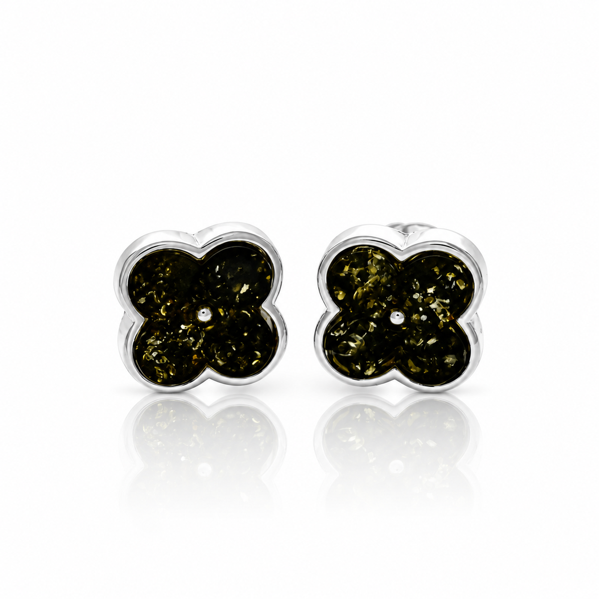 925 Sterling Silver & Genuine Baltic Amber Clover Stud Earrings - AB019