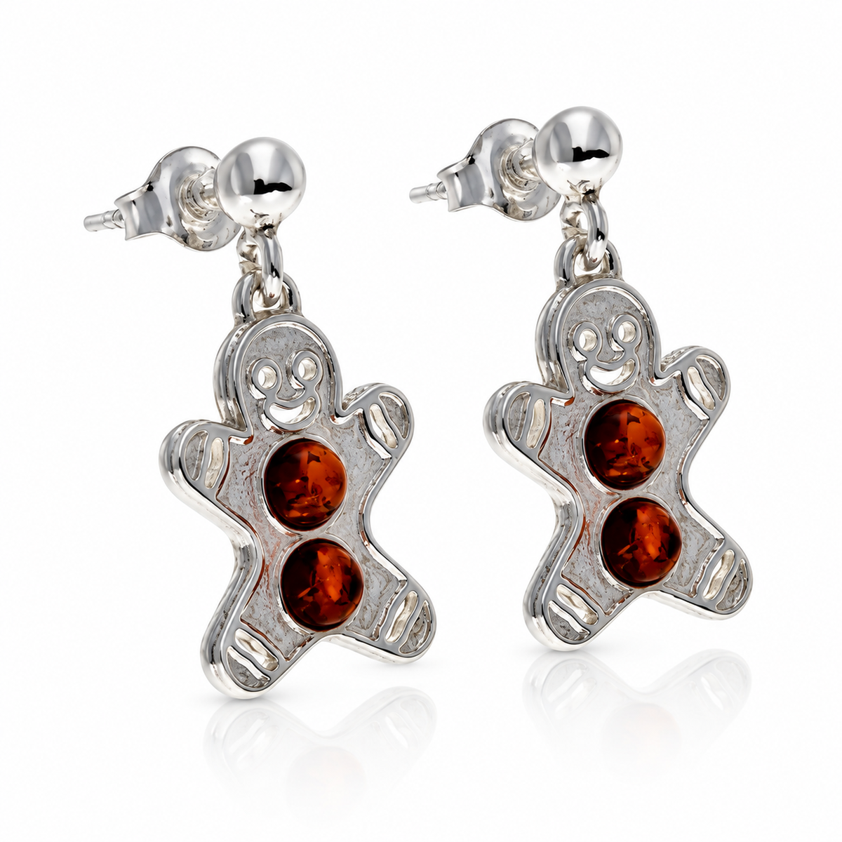 925 Sterling Silver & Genuine Baltic Amber Winter The Gingerbread Man (Gingy) Drop Earrings - AB021