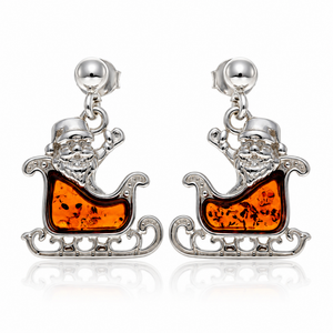 925 Sterling Silver & Genuine Baltic Amber Winter Santa Sledge Drop Earrings - AB022