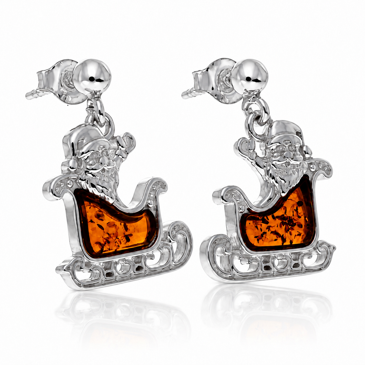 925 Sterling Silver & Genuine Baltic Amber Winter Santa Sledge Drop Earrings - AB022