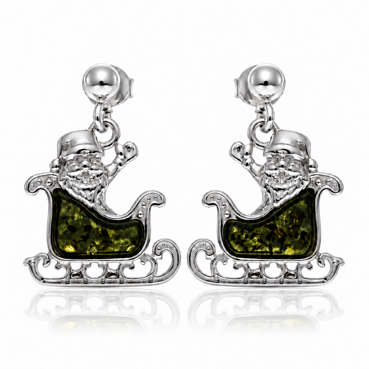 925 Sterling Silver & Genuine Baltic Amber Winter Santa Sledge Drop Earrings - AB022