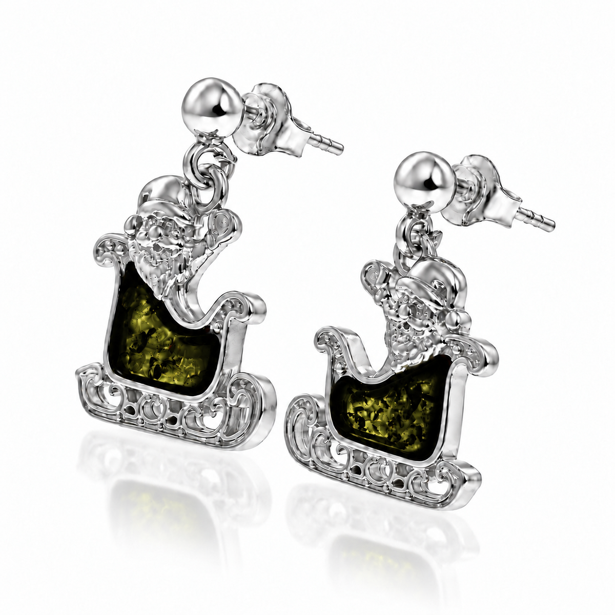925 Sterling Silver & Genuine Baltic Amber Winter Santa Sledge Drop Earrings - AB022