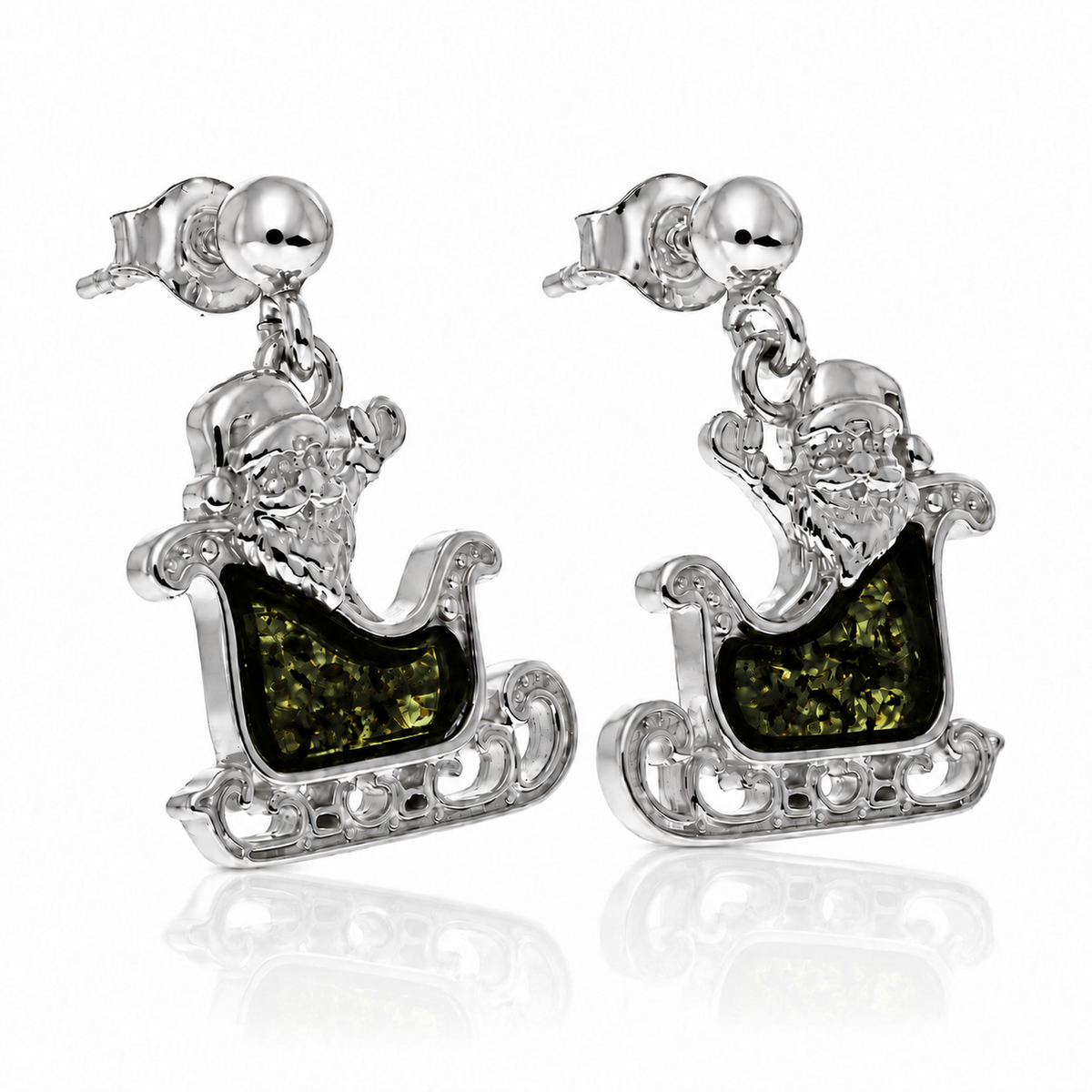 925 Sterling Silver & Genuine Baltic Amber Winter Santa Sledge Drop Earrings - AB022