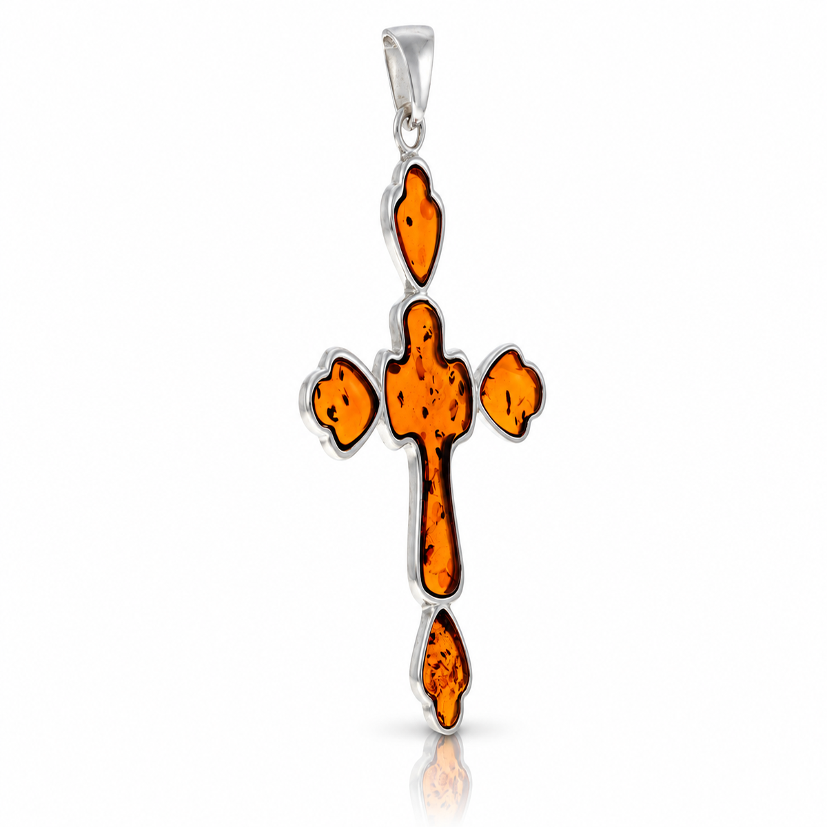 925 Sterling Silver & Genuine Baltic Amber Exclusive Large Cross Pendant - AB208