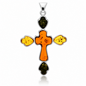 925 Sterling Silver & Genuine Baltic Amber Exclusive Large Cross Pendant - AB208