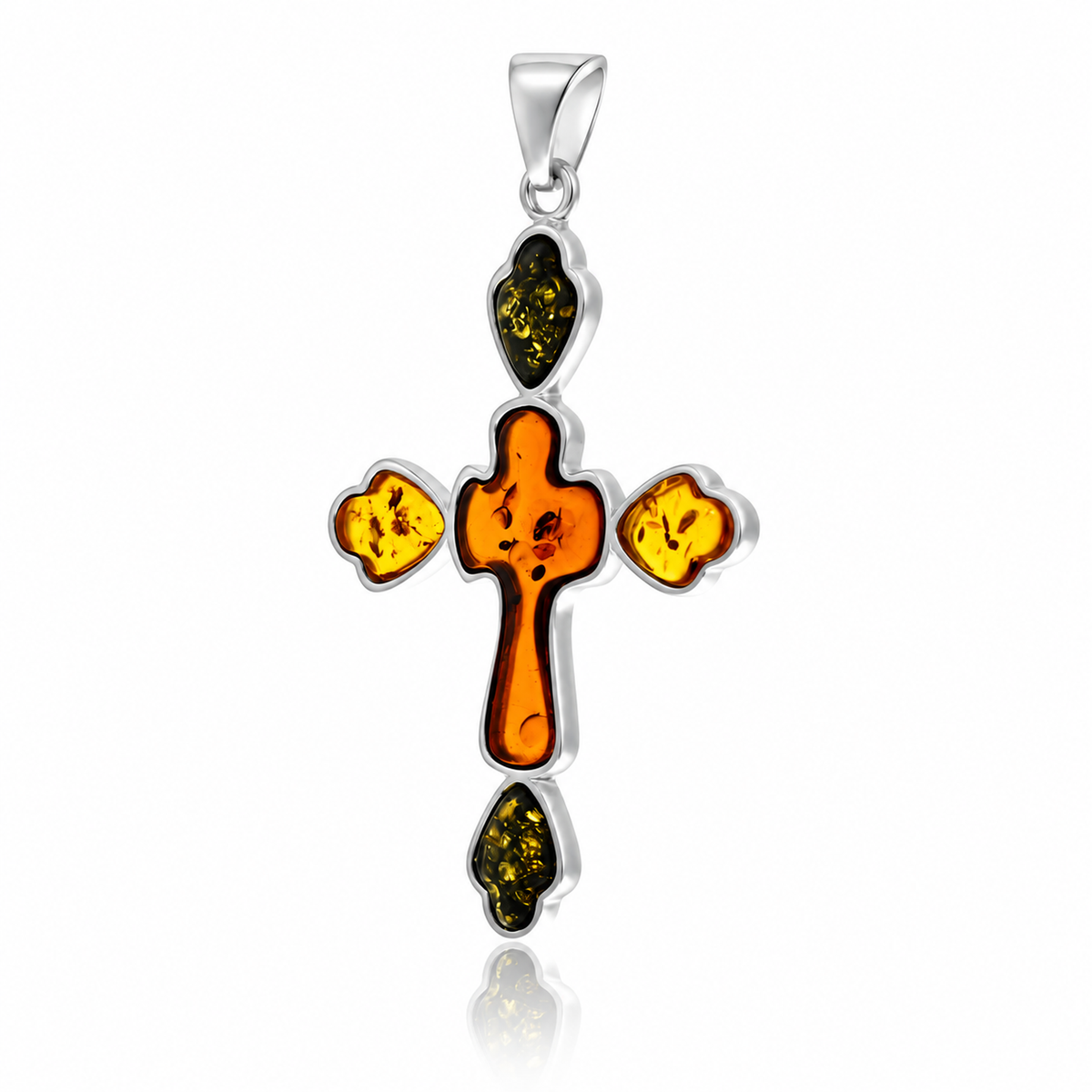 925 Sterling Silver & Genuine Baltic Amber Exclusive Large Cross Pendant - AB208