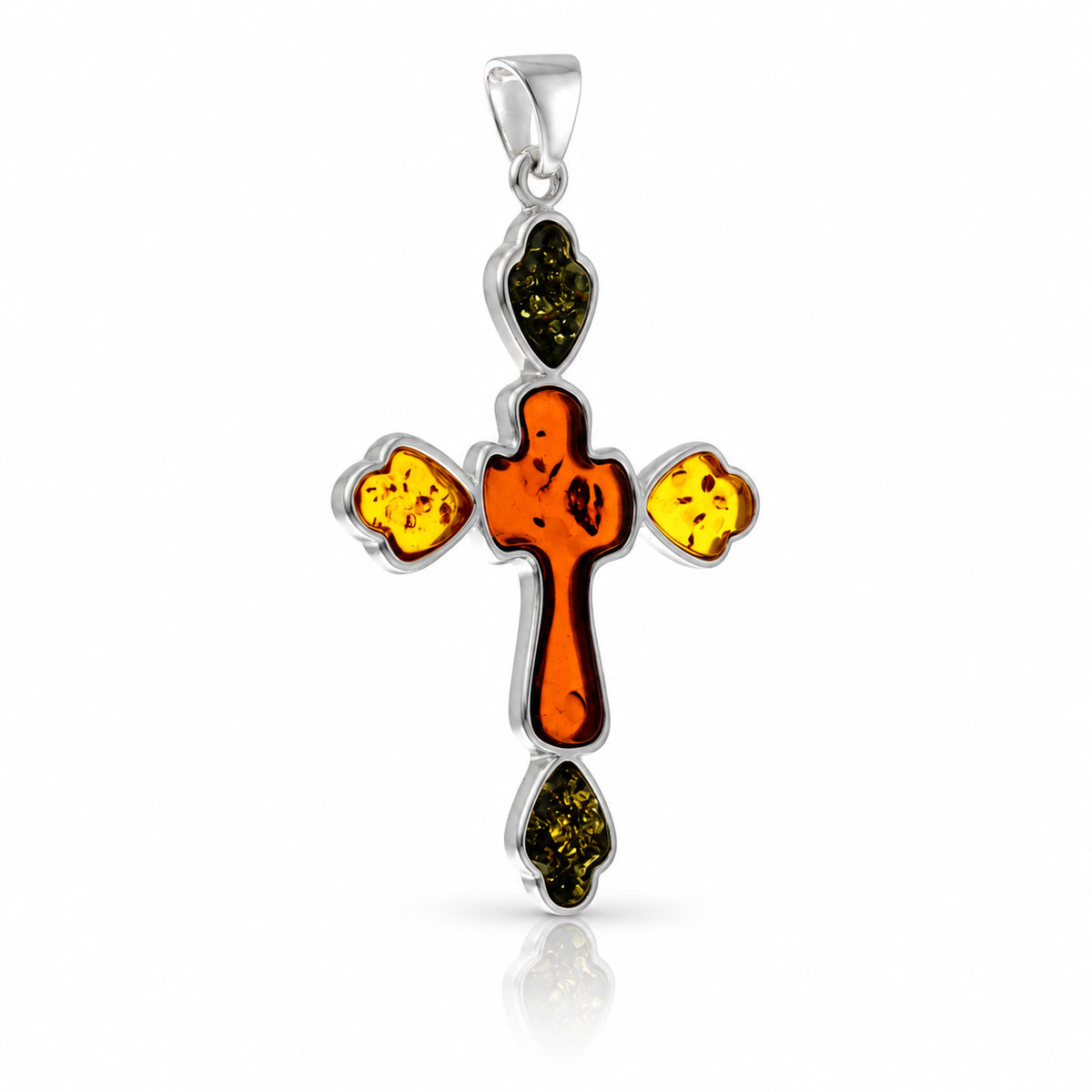925 Sterling Silver & Genuine Baltic Amber Exclusive Large Cross Pendant - AB208