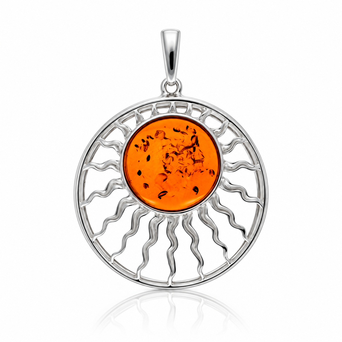 925 Sterling Silver & Genuine Baltic Amber Exclusive Sun Pendant - AB209