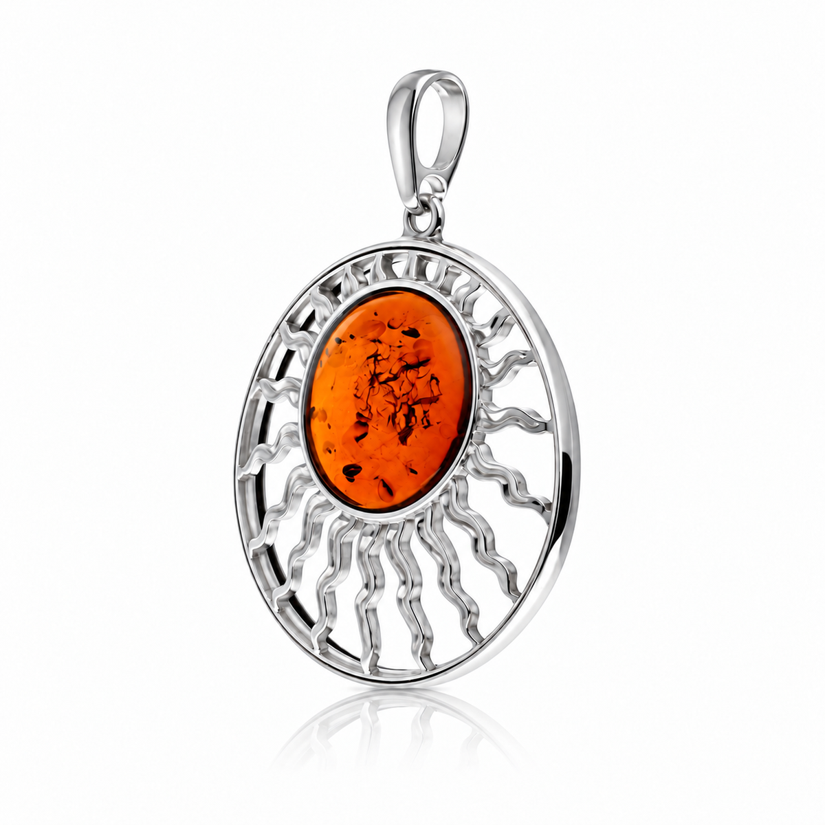 925 Sterling Silver & Genuine Baltic Amber Exclusive Sun Pendant - AB209