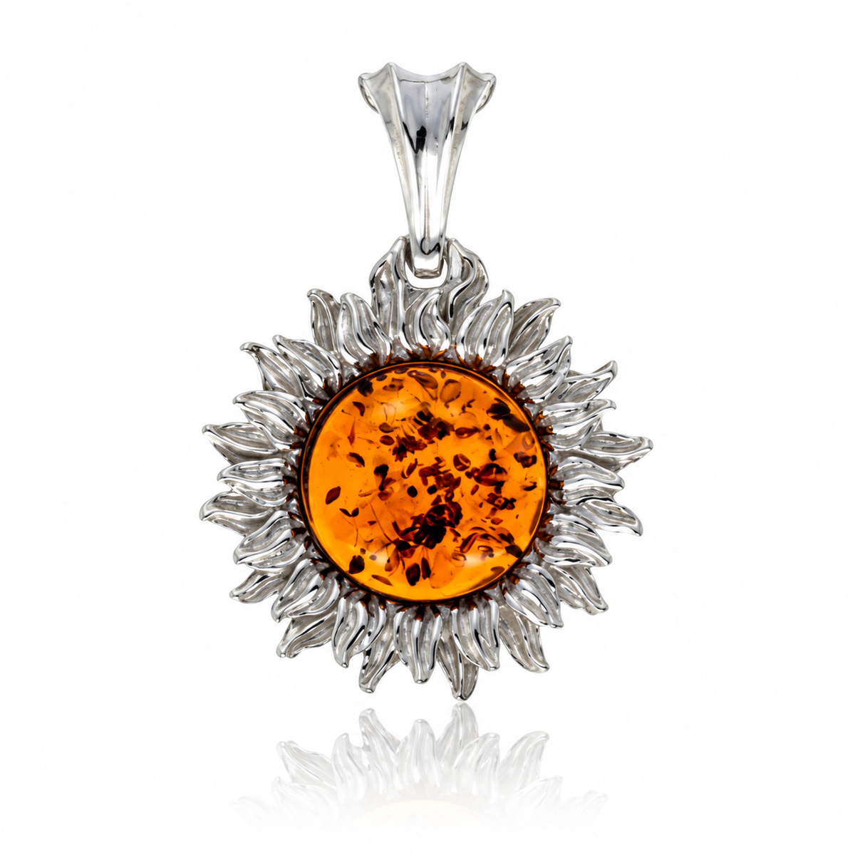 925 Sterling Silver & Genuine Baltic Amber Sun Flower Pendant - AB210