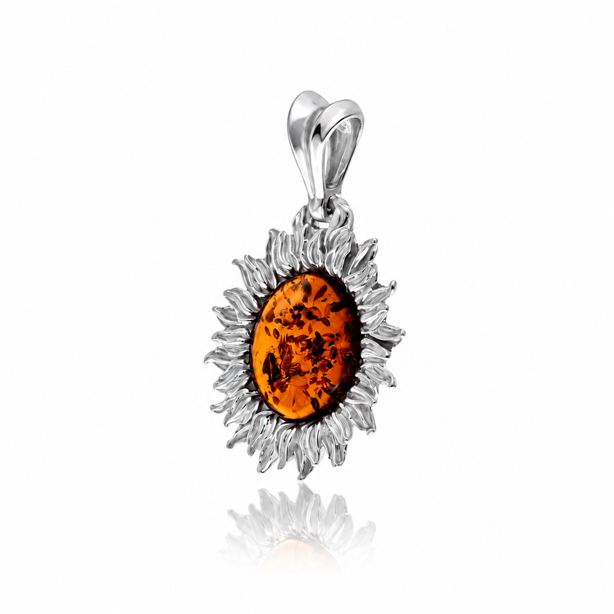 925 Sterling Silver & Genuine Baltic Amber Sun Flower Pendant - AB210