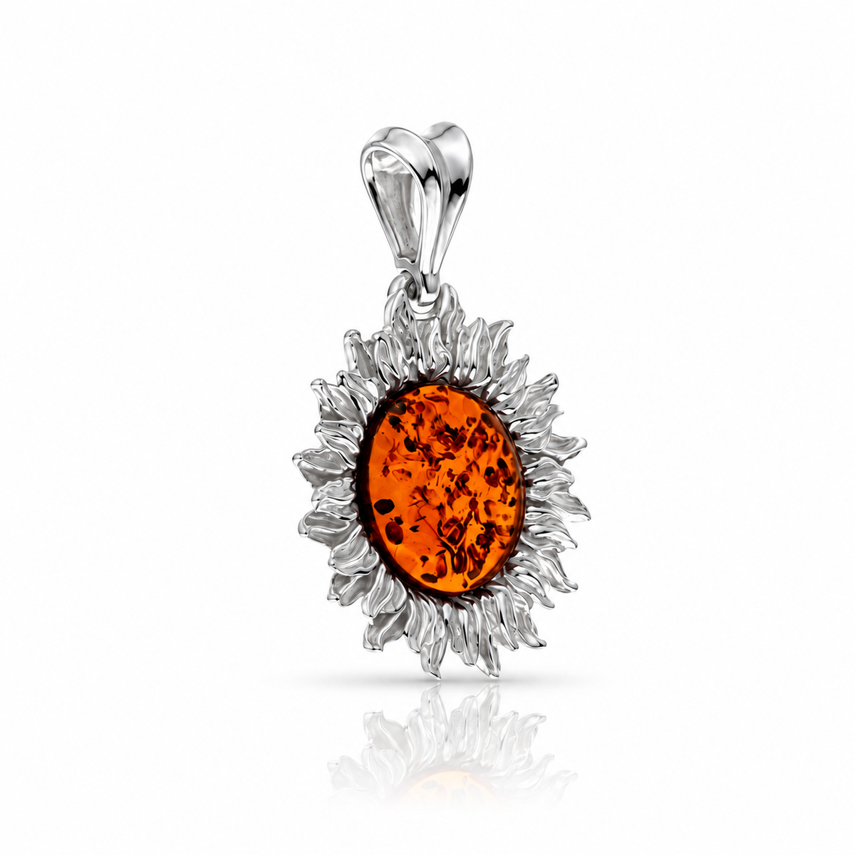 925 Sterling Silver & Genuine Baltic Amber Sun Flower Pendant - AB210
