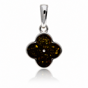 925 Sterling Silver & Genuine Baltic Amber Clover Pendant - AB211
