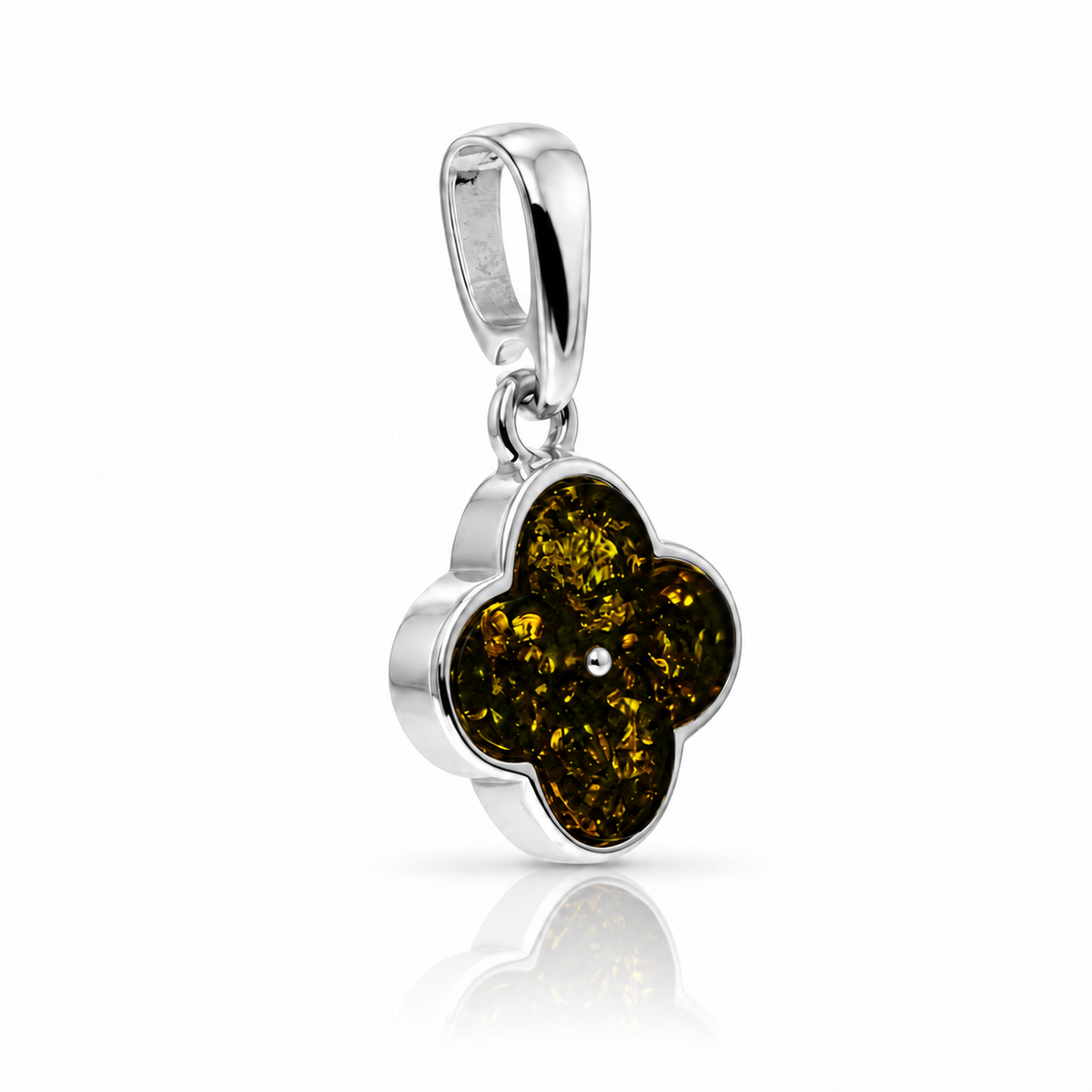925 Sterling Silver & Genuine Baltic Amber Clover Pendant - AB211