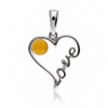 925 Sterling Silver & Genuine Baltic Amber Love Heart Shaped Pendant - AB214