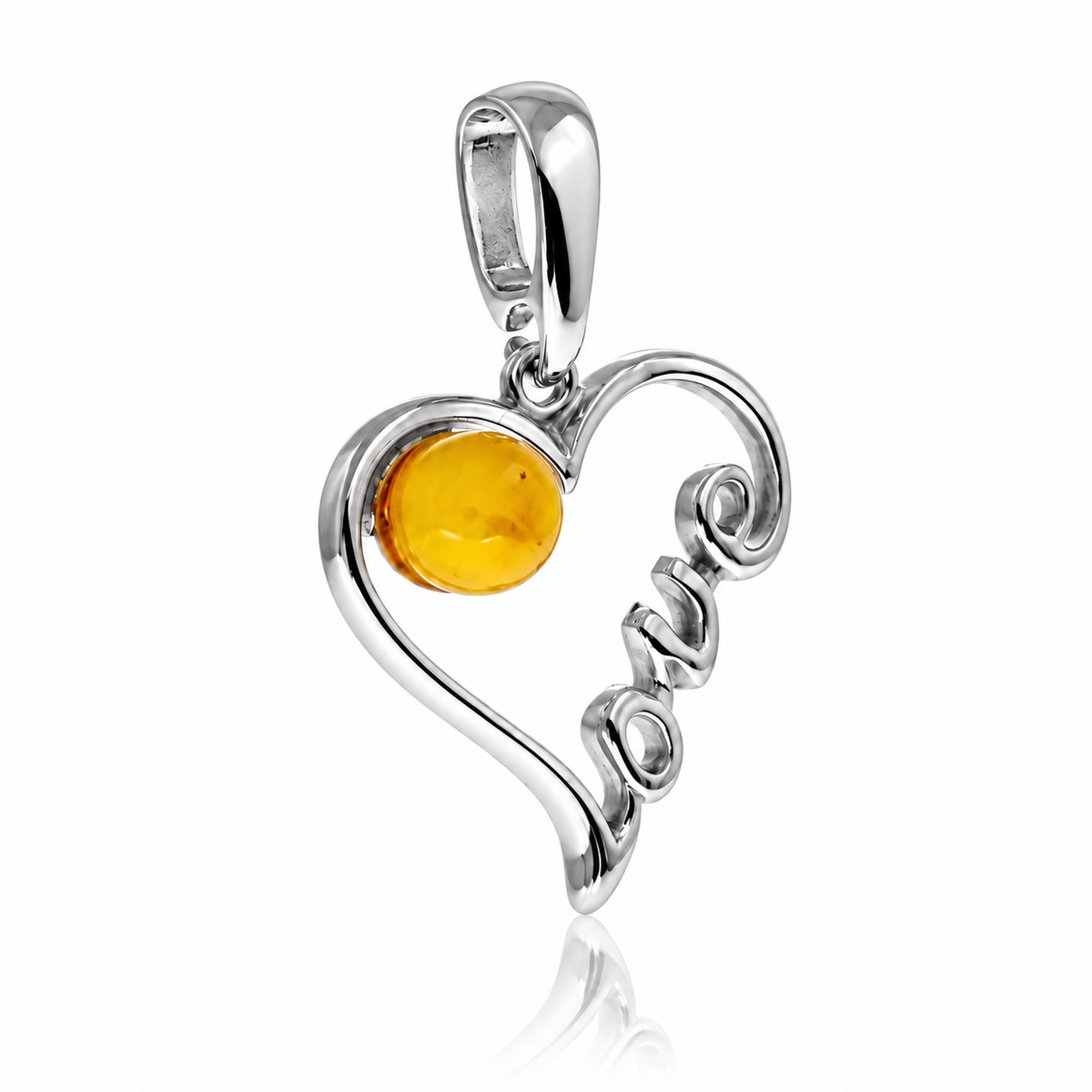 925 Sterling Silver & Genuine Baltic Amber Love Heart Shaped Pendant - AB214
