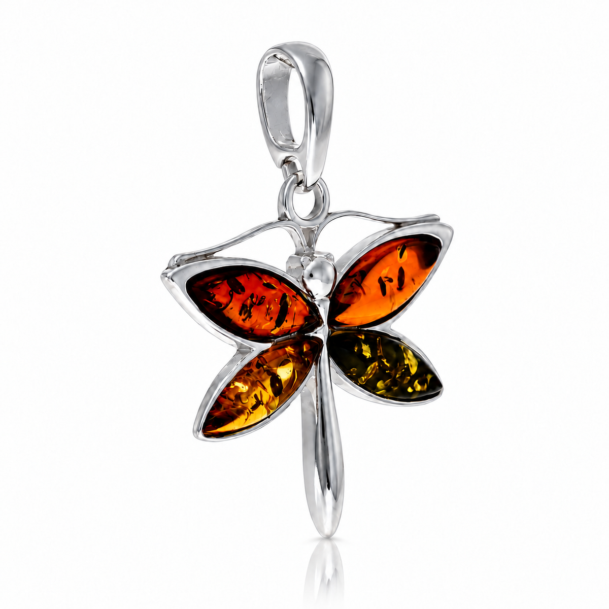 925 Sterling Silver & Genuine Baltic Amber Dragonfly Pendant - AB215