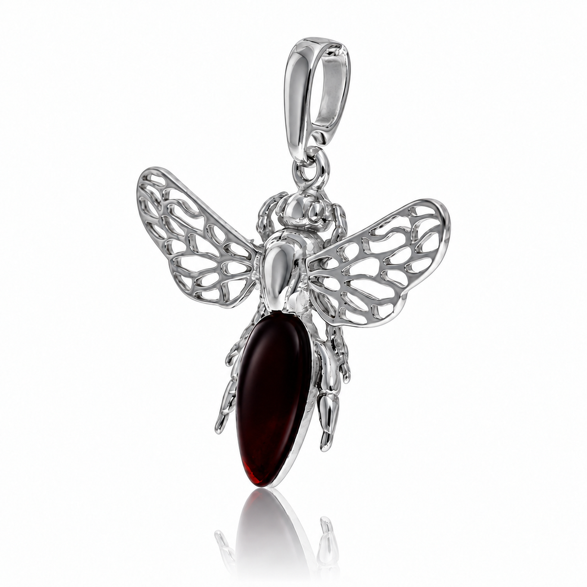 925 Sterling Silver & Genuine Baltic Amber Amber Bee Pendant with Openwork Silver Wings - AB216