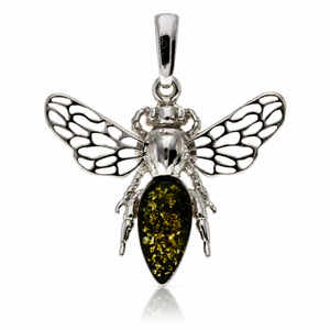 925 Sterling Silver & Genuine Baltic Amber Amber Bee Pendant with Openwork Silver Wings - AB216