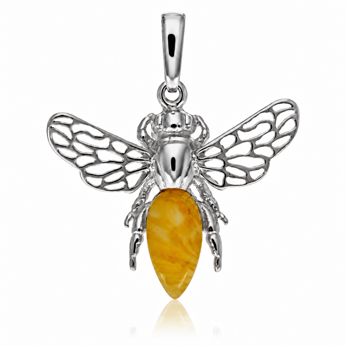 925 Sterling Silver & Genuine Baltic Amber Amber Bee Pendant with Openwork Silver Wings - AB216