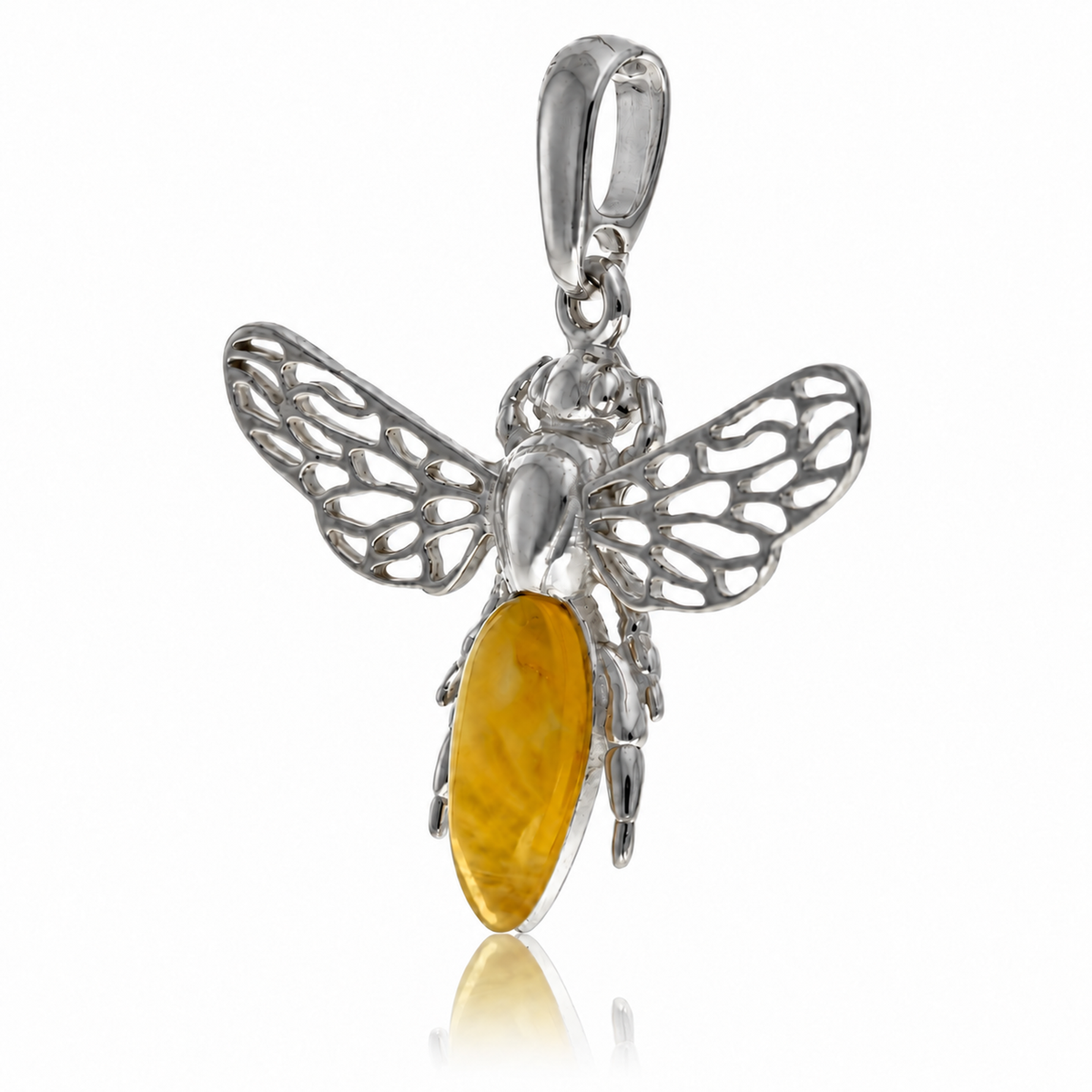 925 Sterling Silver & Genuine Baltic Amber Amber Bee Pendant with Openwork Silver Wings - AB216