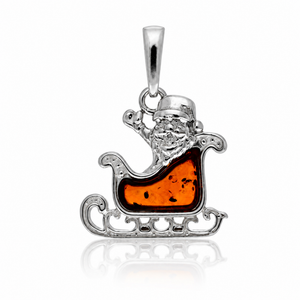 925 Sterling Silver & Genuine Baltic Amber Winter Santa Sledge Pendant - AB218