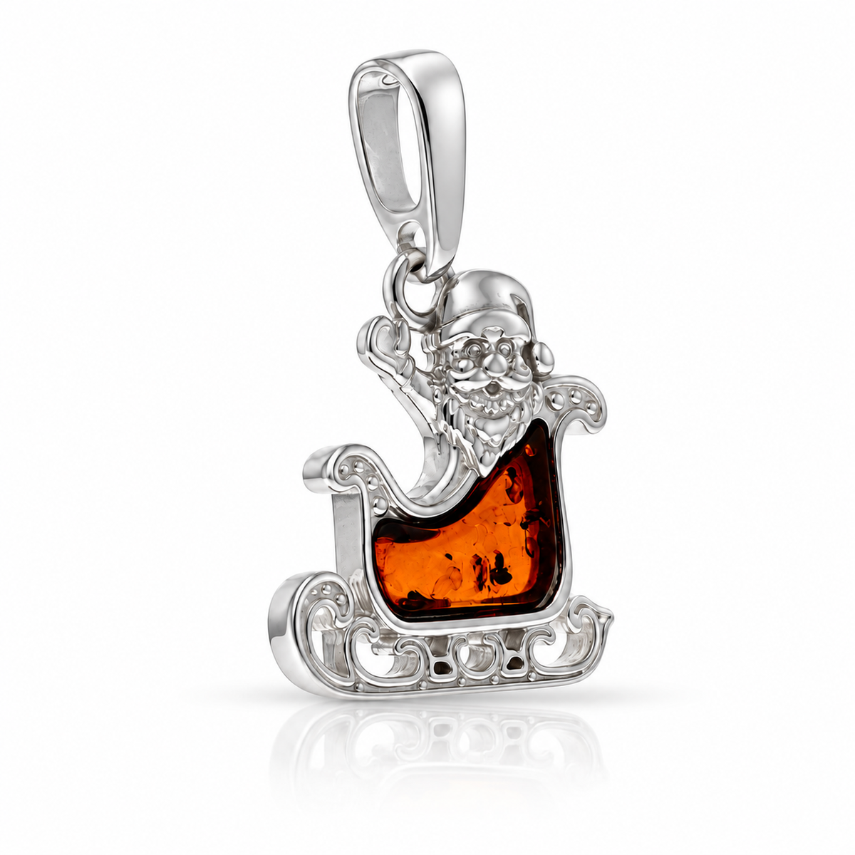 925 Sterling Silver & Genuine Baltic Amber Winter Santa Sledge Pendant - AB218