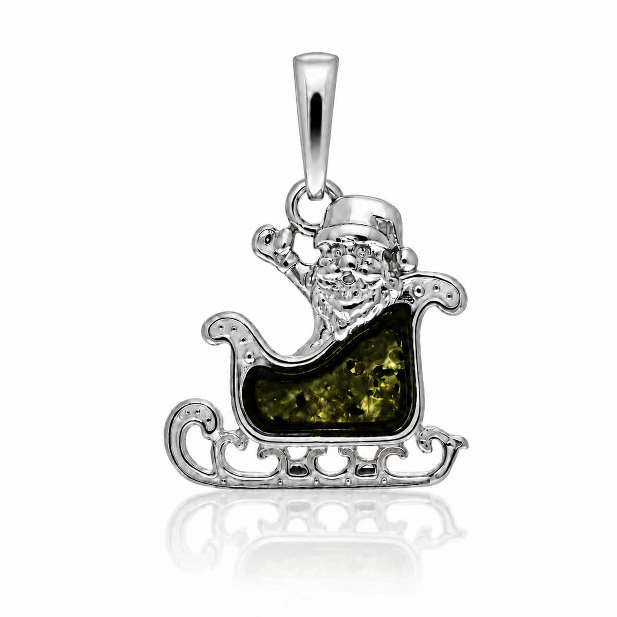 925 Sterling Silver & Genuine Baltic Amber Winter Santa Sledge Pendant - AB218