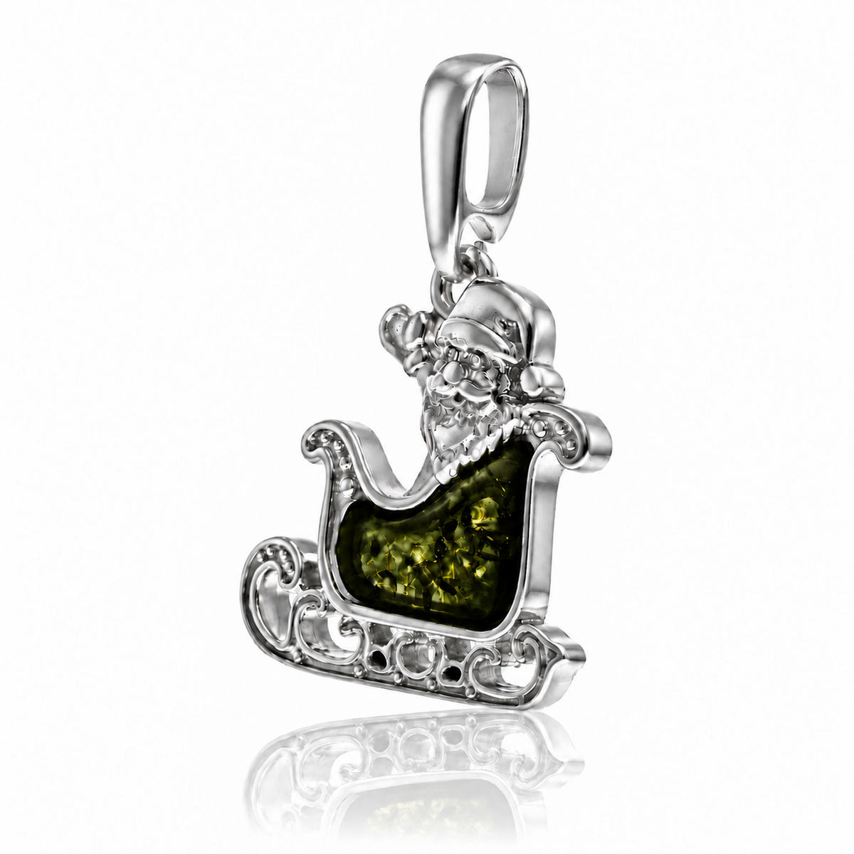 925 Sterling Silver & Genuine Baltic Amber Winter Santa Sledge Pendant - AB218