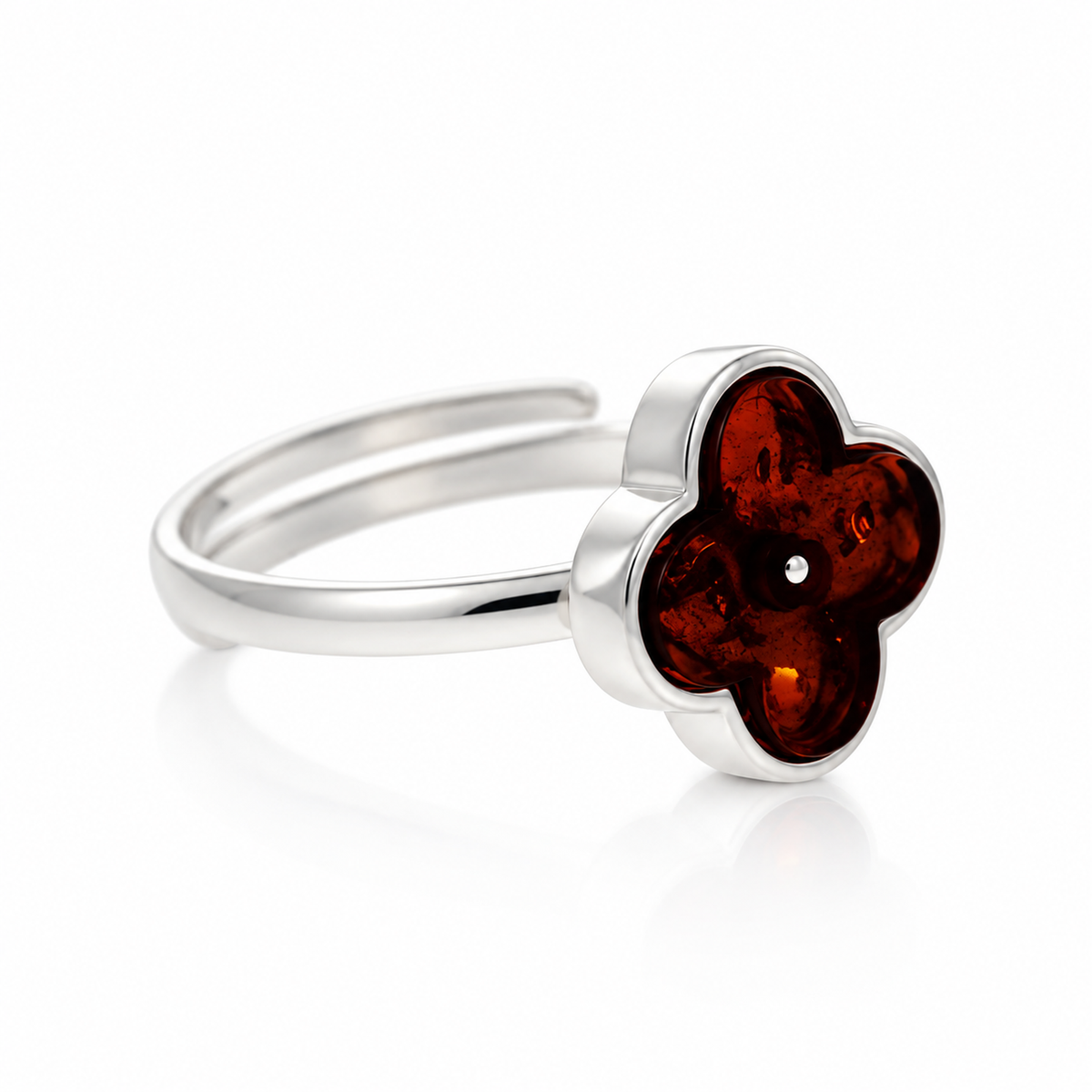 925 Sterling Silver & Genuine Baltic Amber Clover Adjustable Ring - AB402
