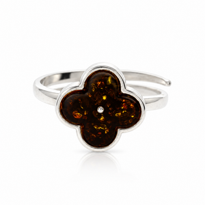925 Sterling Silver & Genuine Baltic Amber Clover Adjustable Ring - AB402