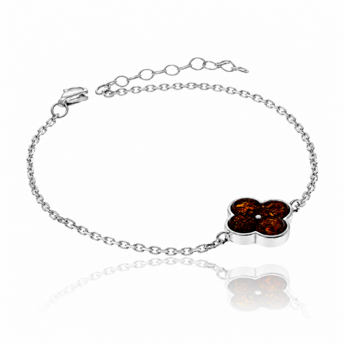 925 Sterling Silver & Genuine Baltic Amber Modern Clover Adjustable Bracelet - AB500