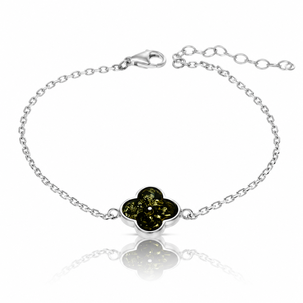 925 Sterling Silver & Genuine Baltic Amber Modern Clover Adjustable Bracelet - AB500
