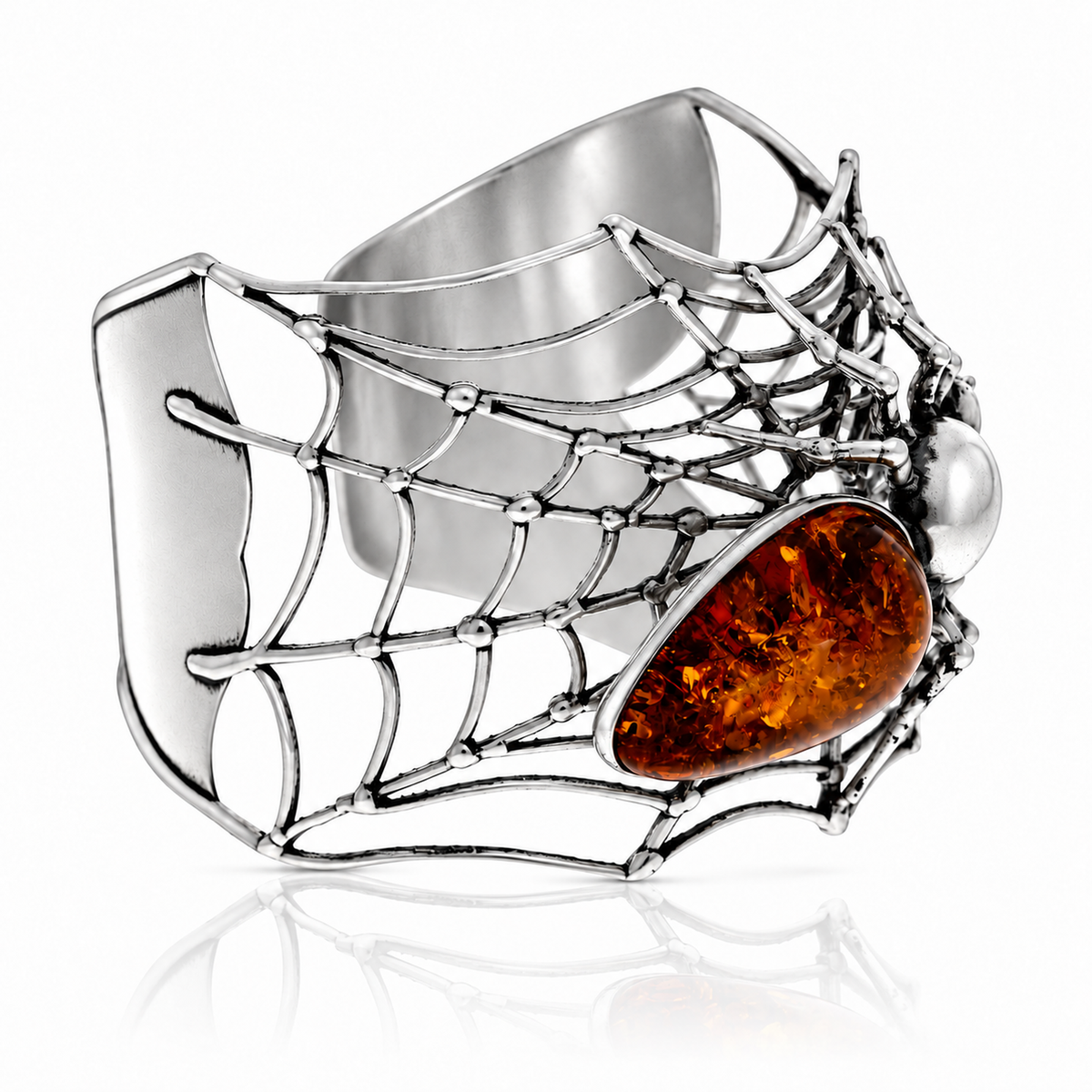 925 Sterling Silver & Genuine Baltic Amber Huge exclusive Spider Cuff / Bangle - AB506